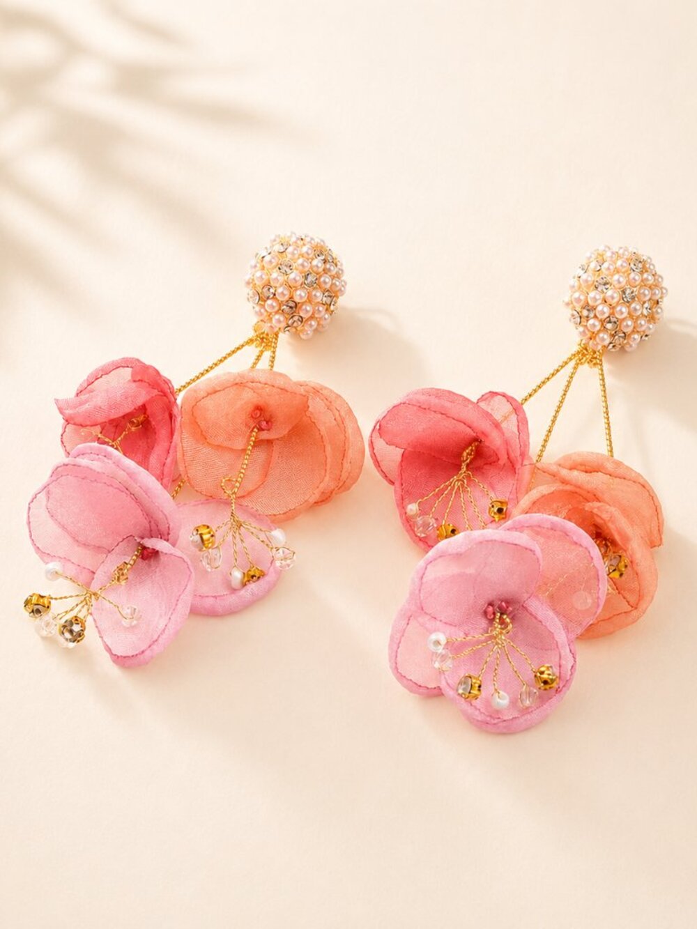 ✨ Pink Floral Statement Earrings Pearl Rhinestone Flower Drop Earrings